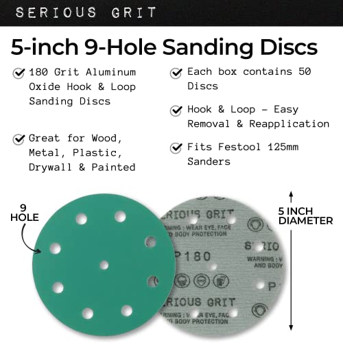 Serious Grit - 5-Inch 9-Hole P180 Grit Sanding Discs - 50 Pack Box - size: 180 Grit