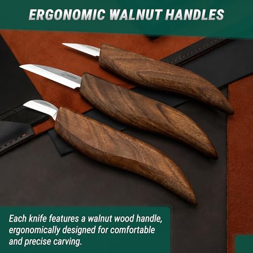 BeaverCraft Wood Carving Knife Set Deluxe S15X - Wood Carving Kit with Detail Chip Knife, Sloyd Roughing Whittling Knives & Leather Strop - Whittling Tools Set with Leather Case for Carvers