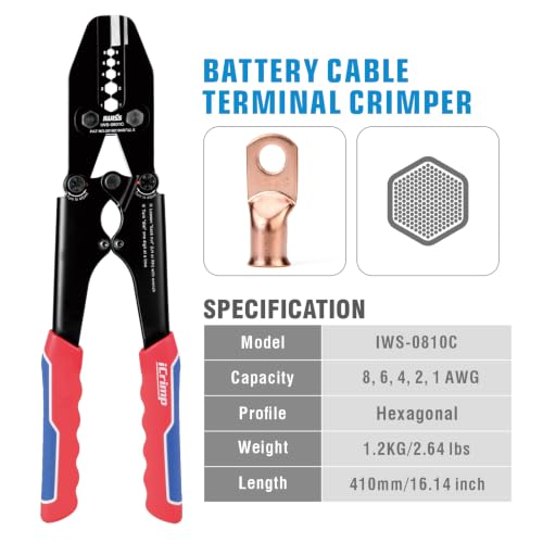 iCrimp Heavy Duty Copper Lug Crimping Tool, for AWG 8,6,4,2,1 Gauge Battery Cable Ring Terminal Ends with Built-in Cable Cutter - size: AWG8-1