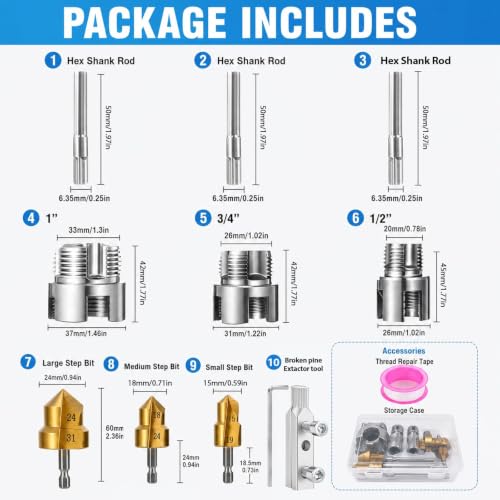 9pcs Integrated Internal & External PVC Pipe Threading Tool Kit 1/2" 3/4" 1" Broken Bolt Stripped Screw Extractor 40Cr Pipe Thread Cutting Tool with Case for PVC Pipes Plumbing Electric Drill DIY Gift