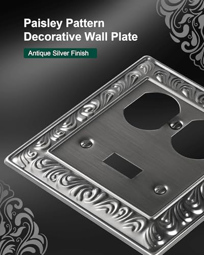 2-Pack Paisley Pattern Metal Combo Toggle/Duplex Light Switch Cover Plate | Decorative Wall Outlet Cover Plate, 2 Gang Metal Wall Plates for Electrical Outlets, Light Switch, Antique Silver - color: Antique Silver, size: 1 Toggle/1 Duplex 2PK