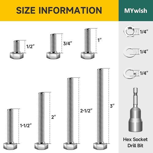 Mywish 210Pcs Hex Head Bolts and Nuts Assortment, 1/4 20 Bolt, Heavy Duty 304 Stainless Steel Bolts and Nuts Kit with Flat Spring Washers, Includes 7 Common Sizes, Fully Threaded - size: 210 Pcs 1/4 Kit - Silver