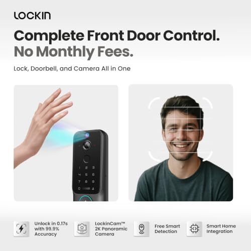 Lockin Veno Plus - All-in-One Smart Lock - Palm Vein & Fingerprint Keyless Entry - 2K 180° Ultra-Wide Camera, Night Vision, Built-in WiFi & 8GB Storage - No Monthly Fee - Dual Batteries | Palm Vein and Fingerprint Keyless Entry, 2K 180° Ultra-Wide Camera,