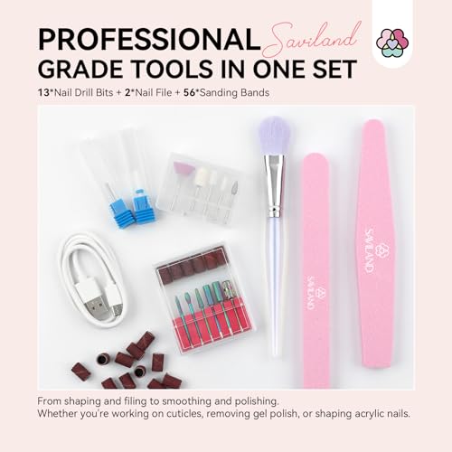 SAVILAND Electric Nail Drill Professional: 40000RPM Pink Rechargeable Portable Electric Nail Filer with 6000mAh Battery, for Shaping, Removing & Polishing Acrylic Nails Home Salon Manicure Gift - color: H -Light Pink