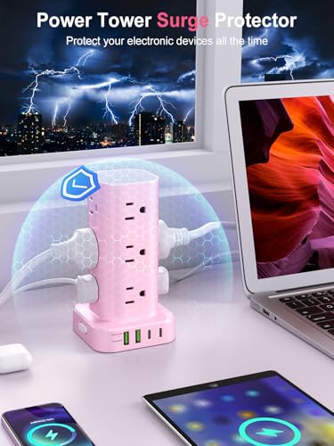 6FT Power Strip Tower Surge Protector, 12 Wide Spaced Outlets, 4 USB - color: Pink, size: 6FT without Wireless Charging