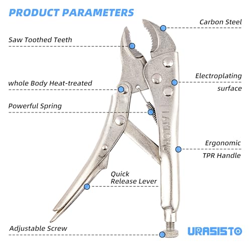 URASISTO 7-Inch Locking Pliers, Curved Jaw Locking Pliers with Wire Cutter, Fit for Clamping Twisting Welding