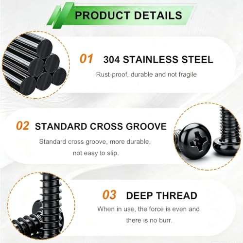 280Pcs Black Pan Head Wood Screws Assortment Kit,304 Stainless Steel Self Tapping Wood Screws #6/#8 Screw Kit,Round Head Screws Phillips Drive, Sheet Metal Screws - size: 280PCS-BK