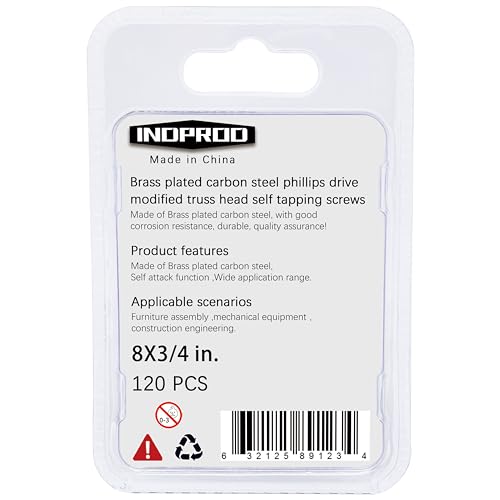 INDOROD #8 x 3/4" Truss Head Phillips Wood Screw (120 Pack), Brass Plated Screws, Self Tapping Wood Screws, Modified Truss Head, Brass Screws for Wood, 8 x 3/4 Inch, Gold - size: #8 x 3/4"