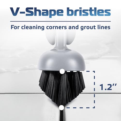 DSV Standard Grout Scrub Brush with Long Handle, 50'' Tile Grout Scrubber, V-Shape Crevice Cleaning Brush for Hard to Reach Areas, 180° Rotation Grout Cleaner for Tile Floors, Baseboards and Corners