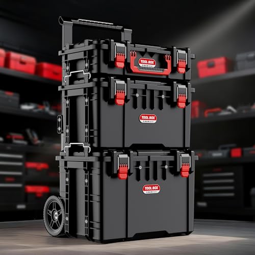 JEKO&JEKO 3-Piece Rolling Modular Tool Box System with Large Rolling Tool Box & Small Parts Organizer for Garage Storage, DIY Projects, Professional Use & Home Repairs