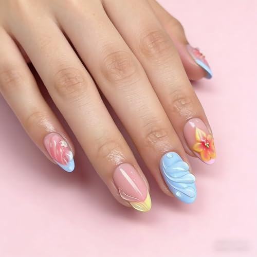 Summer 3D Press on Nails Almond - Medium French Tip Fake Nails with French Red Stripe Pearl Flower Shell Designs, Glossy Finish Reusable False Nails with Glue Tabs - 24Pcs Nail Kit for Women Manicure - color: 3d flower sea shell