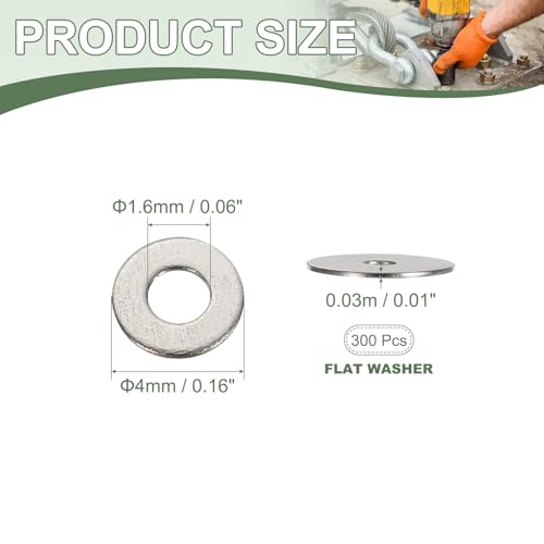 Flat Washers, 304 Stainless Steel Hardware Assorted Washer, 4 x 1.6 x 0.3 mm Fit for Bolts Screws Industrial Use (300 Pack, Silver) - size: 4 x 1.6 x 0.3 mm
