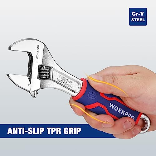 WORKPRO 8-Inch Adjustable Wrench, Wide Jaw, Metric/SAE Scales | Rubber Anti-Slip Grip, Premium Cr-V Steel, Chrome-Plated Finish for Strength and Corrosion Resistance - size: 8 inch