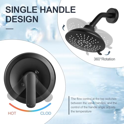 Shower Head Set with Valve, Black Shower Faucet Fixtures Set with Shower Rain Head Trim Kit for Bathroom - color: Black