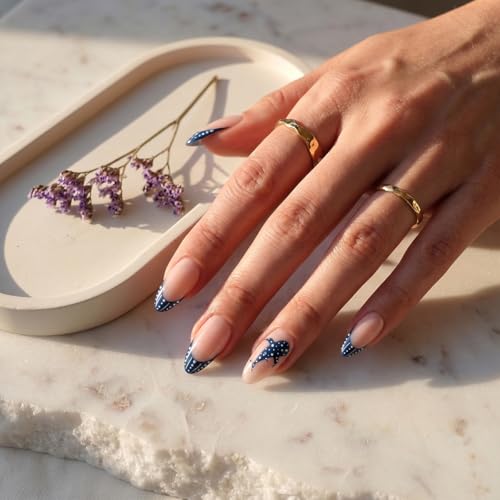 Summer Press On Nails Short Almond Nude with French Tip Blue Whale Shark - color: Style24