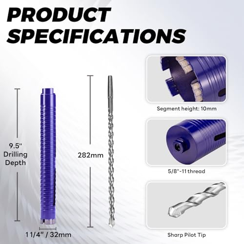 1-1/4" Core Drill Bit with Pilot Bit & Adapters(SDS Plus and 1/2" Hex), 5/8"-11 Thread, 9.5" Depth, Upgraded-Welded Segments Diamond Core Bits for Concrete, Masonry, Brick, Stone - size: 1-1/4"
