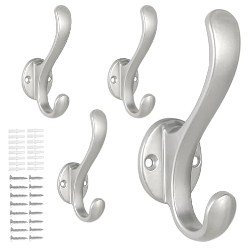 4 Pack Coat Hooks Wall Mount Heavy Duty Utility Retro Double Hooks for Hanging Coats,Hat, Towel, Key, Robe, Scarf, Bag, Cap (Silver) - color: 4 Pack-Silver