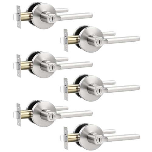 Satin Nickel Interior Door Handle with Lock,Brush Nickel Privacy Door Lever for Bedroom or Bathroom,Keyless Round Door Lock Interior for Left and Right Hand Reversible,6Pack - color: Satin Nickel, size: Privacy