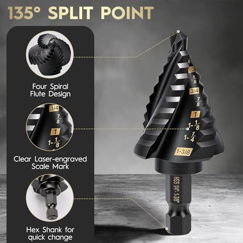 5PCS Titanium Step Drill Bit - Four Spiral Flute HSS Step Bit for Metal - color: 5PCS Four Spiral