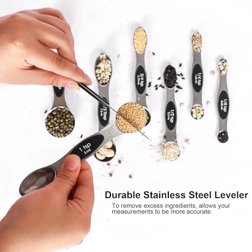 Magnetic Measuring Spoons Set with Leveler, Stackable Stainless Steel Tablespoons for Baking, Fits in Spice Jars - color: Silver