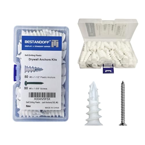 Self Drilling Plastic Drywall Anchors with Stainless Steel Screws Assortment Kit 100PCS, 50 Plastic Anchors and 50 Flat Head Screws, Dry Wall Anchors (100, #8) - size: #8