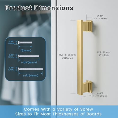 KNOBWELL 6 Pack Brushed Gold Solid Cabinet Pulls 5 Inch(128mm) Hole Center Kitchen Cabinet Handles,Cabinet Hardware for Cupboard Drawer Pulls - color: Brushed Gold, size: Hole Center：5 inch（128mm）