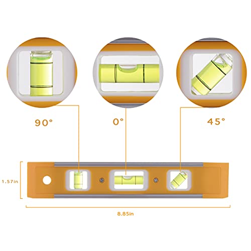 LAND 9 Inch Magnetic Torpedo Level with 3 Bubbles (Horizontal, Vertical, 45°) - Shock-Resistant ABS Frame, Heavy-Duty Magnetic Base, Bright Orange for Construction, Woodworking