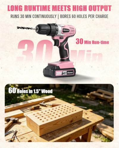 AVID POWER 20V Cordless Drill Set for Home DIY & Beginner Projects - Lightweight Power Drill with Battery Charger & 22 Bits, Variable Speed, 3/8" Keyless Chuck, Ideal for Furniture Assembly (Pink) - color: 2-pink