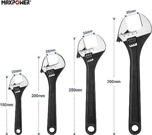MAXPOWER Adjustable Wrench Set, Forged, Heat Treated, Black Phosphate Finish Adjustable Wrenches, 4 Pack (6-inch, 8-inch, 10-inch, 12-inch) - size: 6“ 8” 10“ 12”