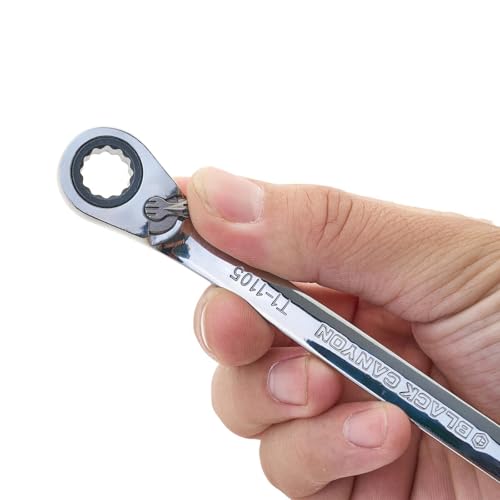 BLACK CANYON 3/8 Inch Ratchet Combination Wrench, 12-Point Box End & Hex Opening, Polished Steel Ratcheting Wrench with SAE & Metric Sizes - size: 3/8 Inch, style: Inch