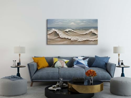 zoinart Blue Ocean Wave Oil Painting on Canvas Impasto Textured Painting Serene Canvas Wall Art Living Room Wall Decor Contemporary Art 24" x 48" - color: YH-B201