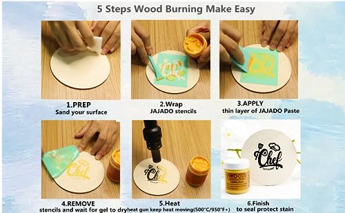 JAJADO 3 Jars Wood Burning Paste with 2 Squeegee, 4 OZ Wood Burning Gel Etching Cream Heat Activated Paste for Craft Wood Slice, Denim, Canavas, Wood Burning Marker Pen DIY Art Craft Tool - color: 3+2 Wood Burning Kit