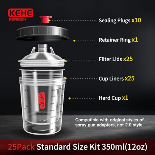 Disposable Paint Cups for Spray Gun,Mixing Cups 12 Ounce (350ml) Kit with 25 Liners and Lids with Strainer System for HVLP&LVLP,1 Hard Cup with Retainer Ring,10 Plugs,1 Cap,1 Wash Bottle - size: 12 oz (Small)-25Pack