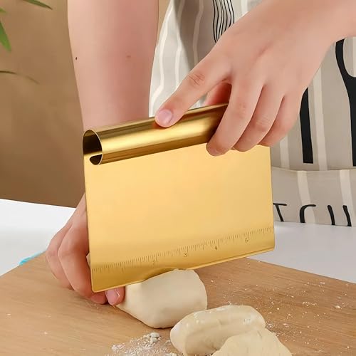 2 Pack Stainless Steel Dough Scraper with Measuring Scale,Bench Scraper & Cutter, Multipurpose Pizza/Pastry/Cake/Pastry/Bread Food Cutter, Kitchen Baking tools Essential Utensil (Silver & Gold)