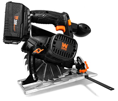 WEN Cordless Circular Saw, 6.5-Inch Blade with 20V Max 4.0 Ah Lithium-Ion Battery and Charger (20625)