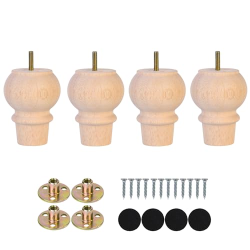 Maricome 4 Inch Unfinished Furniture Wood Legs Set of 4 Bun Feet for Sofa Couch Cabinet Dresser M8 Bolt Screw in - color: 4 Inch Unfinished