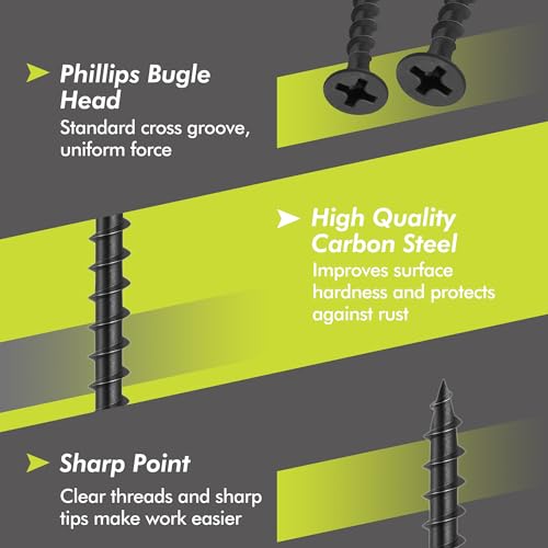 Wood Screws Assortment Kit, 200PCS High Hardness Phillips Bugle Head Drywall Screws Set, Coarse Thread & Black Oxide, 7 Sizes (3″, 2″, 1-1/2″, 1-1/4″, 1″, 3/4″), Ideal for Woodworking/Household/DIY