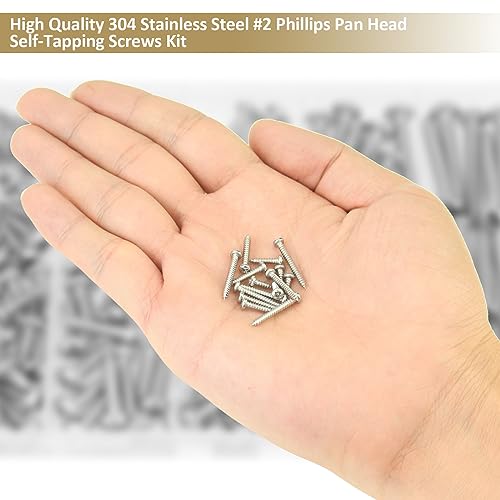 252 Pieces #2 x 1/4" 3/8" 1/2" 5/8" 3/4" Phillips Pan Head Self-Tapping Screws, Wood Screws Assortment Kit, 304 Stainless Steel - size: #2