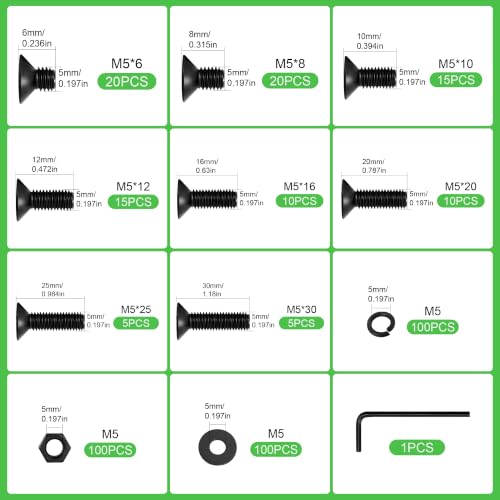 400Pcs M5 Countersunk Flat Head Phillips Machine Screws Assortment Kit, Nuts Washers with Screwdriver, M5x6/8/10/12/16/20/25/30mm for Electronics & Machinery - size: M5-400Pcs