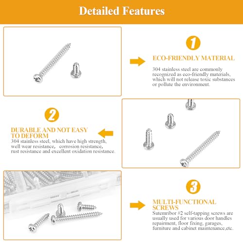 255 Pieces #2 x 1/4" 3/8" 1/2" 5/8" 3/4" Wood Screws Set, Phillips Pan Head #2 Self-Tapping Screws Assortment Kit, 304 Stainless Steel - size: #2, style: Phillips Pan Head
