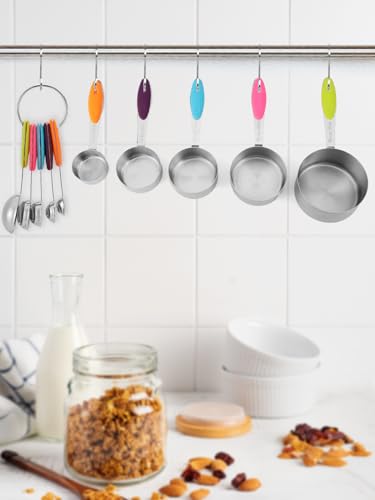 Joyhill Stainless Steel Measuring Cups and Spoons Set of 10 Piece, Nesting Metal Measuring Cups Set with Soft Touch Silicone Handles for Dry and Liquid Ingredients, Cooking & Baking (Colorful) - color: a)Stainless Steel-Colorful