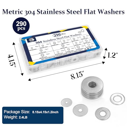 ZQZ 290Pcs Stainless Steel Flat Washers Assortment Kit;Fender Washer M3-M12 - size: 15 Sizes 290 Pieces