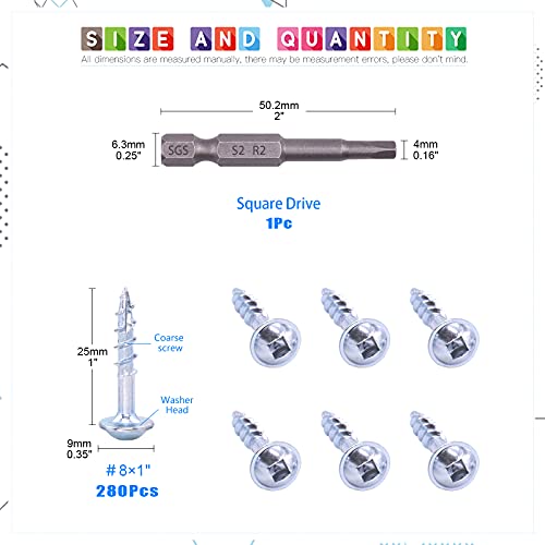 Glarks 280Pcs #8x1'' Pocket Hole Screws Zinc Coated Square Drive Self Tapping Coarse Thread Wood Screws for Wood and Sheet Metal (#8x1‘’ Coarse Thread) - size: #8x1‘’ Coarse thread