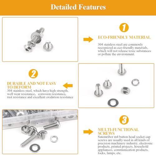 385 Pieces M4 Screws Nuts Washers Set, Sutemribor M4 x 5/6/8/10/12/16/20mm Button Head Socket Cap Screws Nuts Washers Assortment Kit, 304 Stainless Steel, Fully Threaded - size: M4, style: Button Head Socket Cap