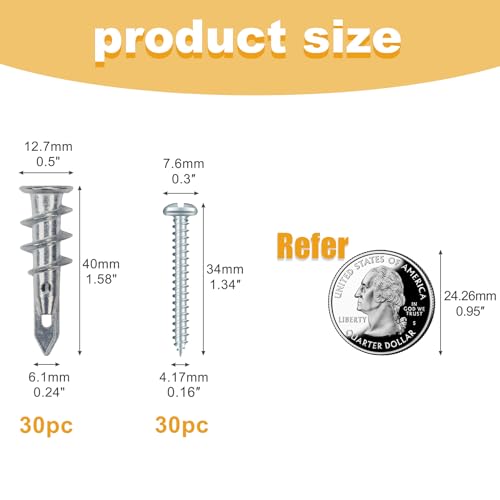 KURUI #8 Zinc Self-Drilling Drywall Anchors, 60PCs Hollow Metal Wall Anchors and Screws Kit, 30 Heavy Duty Anchors + 30#8 x 1-1/4'' Screws, 75LB Hanging and Mounting