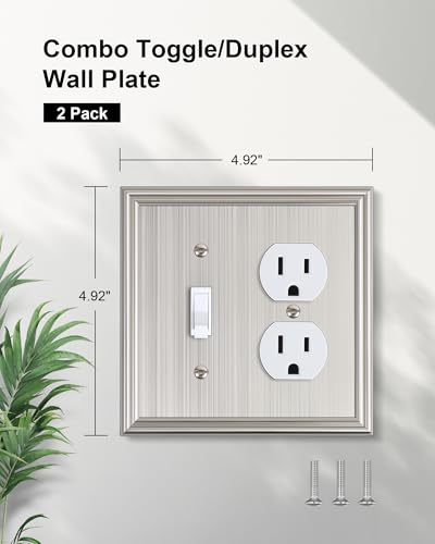 2-Pack Zinc Alloy Combo Toggle/Duplex Light Switch Cover Plate - color: Brushed Nickel, size: 1 Toggle/1 Duplex 2PK