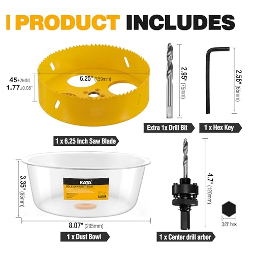 KATA 6.25" Hole Saw for Recessed Lights with Clear Soft Silicone Dust Bowl | 6-1/4 In Hole Cutter for Cleaner Ceiling and Drywall Openings When Installing Recessed Lights, Can Lights, Speakers and Vents - color: 6-1/4 Inch