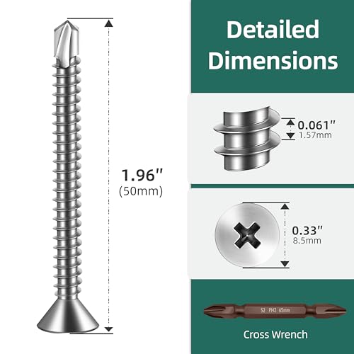 100pcs #10 x 2 Sheet Metal Self Tapping Screws Assortment Kit, 410 Stainless Steel Flat Head High-Strength Fast Self-Drilling Screws, Bright Finish - size: #10x2"