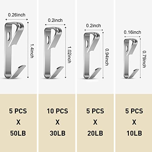 Picture Hanging Hooks, 50 Pcs Heavy Duty 10-50 lbs Picture Hangers Hardware kit with Nails for Picture Frame, Canvas, Mirror Hanging Decoration - size: 10-50LB SLV