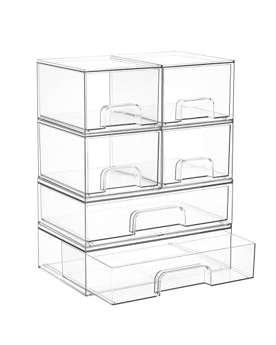 Vtopmart Stackable Storage Drawers Set of 6, Clear Plastic Organizer Bins for Bathroom Supplies, Ideal for Cabinet,Shelf, Pantry, Laundry Room Organization - style: 4 Small+2 Wide